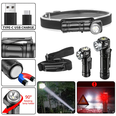 Multi Functional Strong Light Clip-on Headlight Magnetic Rotating L-shape Flashlight Work Light Magnetic Tail Outdoor Portable Torch 90-Degree Adjustable Corner Work Light For Hiking