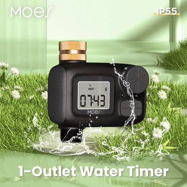 MOES 1-Outlet Water Timer IP55 Waterproof Brass Inlet Rotary Knob Button Control With LCD Display Screen Rain Delay Child Lock