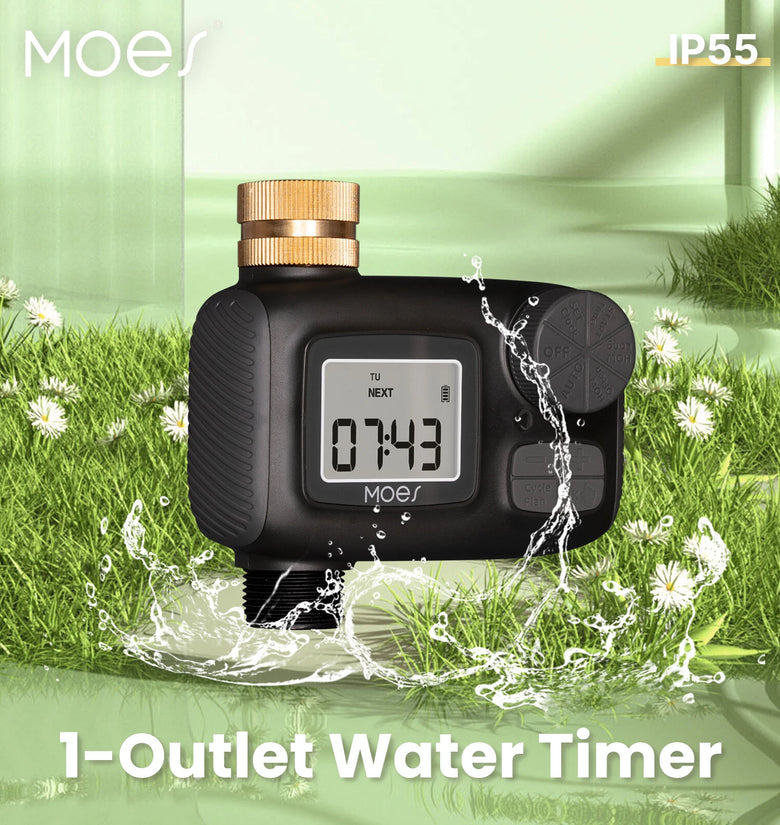 MOES 1-Outlet Water Timer IP55 Waterproof Brass Inlet Rotary Knob Button Control With LCD Display Screen Rain Delay Child Lock