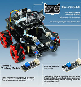 4WD Smart Robot Car Kit HU-011A DIY Mecanum Wheel Programmable Chassis Infrared Tracking Ultrasonic Avoidance Bluetooth Remote Control Coding