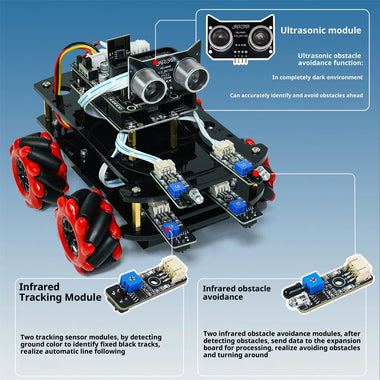 4WD Smart Robot Car Kit HU-011A DIY Mecanum Wheel Programmable Chassis Infrared Tracking Ultrasonic Avoidance Bluetooth Remote Control Coding