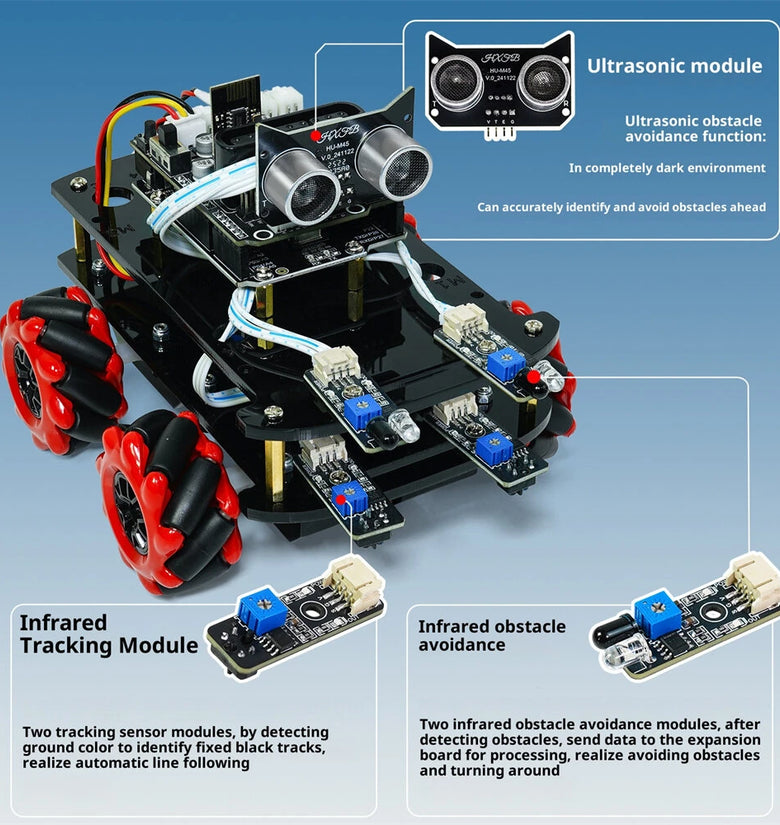 4WD Smart Robot Car Kit HU-011A DIY Mecanum Wheel Programmable Chassis Infrared Tracking Ultrasonic Avoidance Bluetooth Remote Control Coding
