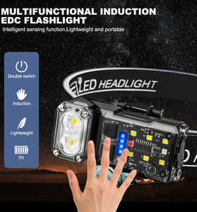 Bikight SR06 Smart Sensor 700LM Bright Headlamp Multi-purpose 180 Rotatable LED EDC Clip Flashlight, Red Blue Light, Magnetic Work Lamp, Type-C USB Rechargeable 1200Mah Head Torch for Outdoor Cycling Adventure Fishing