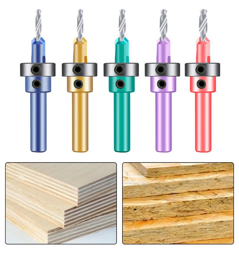 5PCS 8mm Shank HSS Precision Countersink Drill Bit Set with Adjustable Depth Stop for Woodworking Plastic Accurate Drilling