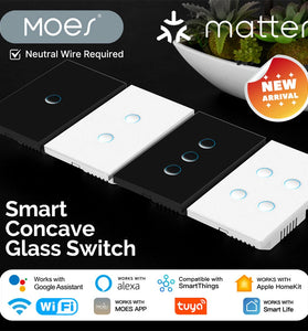 MOES Tuya Smart WiFi Light Switch Matte Protocol Concave Glass Panel 1/2/3/4 Gang Timing Function Voice Control Works with Alexa Google Assistant SmartThings Neutral Wire Needed