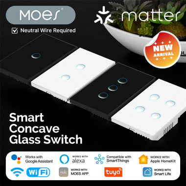 MOES Tuya Smart WiFi Light Switch Matte Protocol Concave Glass Panel 1/2/3/4 Gang Timing Function Voice Control Works with Alexa Google Assistant SmartThings Neutral Wire Needed