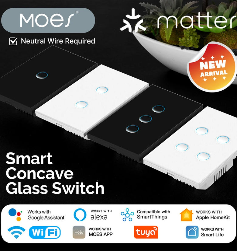 MOES Tuya Smart WiFi Light Switch Matte Protocol Concave Glass Panel 1/2/3/4 Gang Timing Function Voice Control Works with Alexa Google Assistant SmartThings Neutral Wire Needed