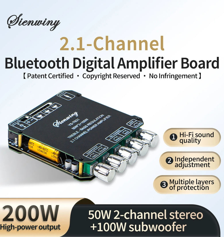 YS-TB21 Bluetooth Digital Amplifier Board 2.1 Channel 200W High-Power Dual Audio 50W Dual-channel Stereo+100W Subwoofer Frequency AUX HIFI Sound
