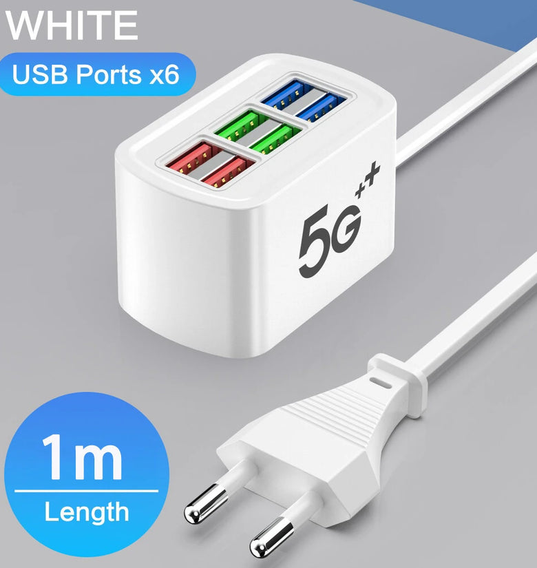 10A 220V 6-Port USB PD Charger Power Strip Fast Charging Desktop Charging Station EU Plug US Plug with 1M Long Cord USB HUB Adapter Socket for iPhone 16 16 Pro 15 14 13 Pro Max for Huawei Mate XT for Xiaomi 15pro