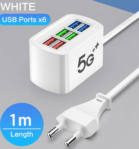 10A 220V 6-Port USB PD Charger Power Strip Fast Charging Desktop Charging Station EU Plug US Plug with 1M Long Cord USB HUB Adapter Socket for iPhone 16 16 Pro 15 14 13 Pro Max for Huawei Mate XT for Xiaomi 15pro