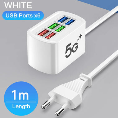 10A 220V 6-Port USB PD Charger Power Strip Fast Charging Desktop Charging Station EU Plug US Plug with 1M Long Cord USB HUB Adapter Socket for iPhone 16 16 Pro 15 14 13 Pro Max for Huawei Mate XT for Xiaomi 15pro