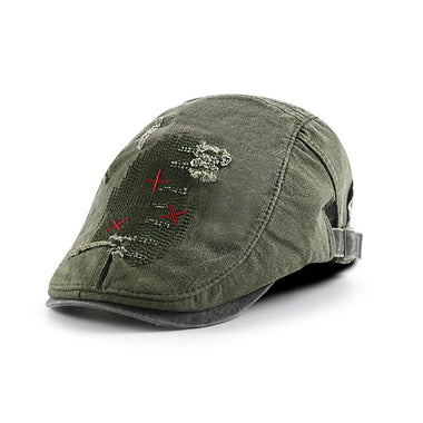 Collrown Denim Beret Hat Vintage Casual Flat Hat for Men Embroidery Patchwork Aged Peaked Cap Outdoor Retro Caps