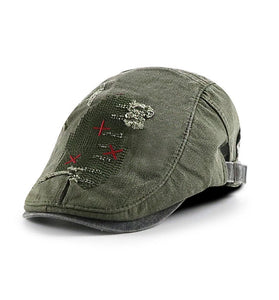 Collrown Denim Beret Hat Vintage Casual Flat Hat for Men Embroidery Patchwork Aged Peaked Cap Outdoor Retro Caps