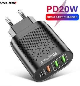 USLION 375-PD PD20W 4-Port USB PD Charger 3USB-A+USB-C PD QC3.0 Support AFC FCP Fast Charging Wall Charger Adapter EU Plug for iPhone 15 14 13 Pro for Samsung Galaxy Z Flip 6 for Honor Magic V3 for Huawei Nova Flip