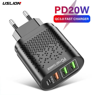 USLION 375-PD PD20W 4-Port USB PD Charger 3USB-A+USB-C PD QC3.0 Support AFC FCP Fast Charging Wall Charger Adapter EU Plug for iPhone 15 14 13 Pro for Samsung Galaxy Z Flip 6 for Honor Magic V3 for Huawei Nova Flip