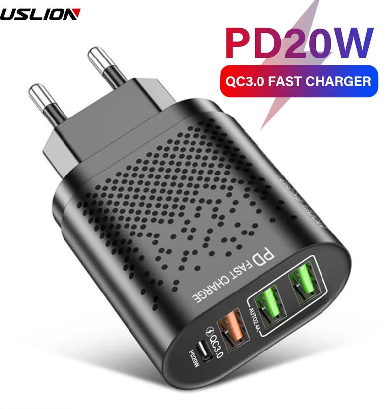 USLION 375-PD PD20W 4-Port USB PD Charger 3USB-A+USB-C PD QC3.0 Support AFC FCP Fast Charging Wall Charger Adapter EU Plug for iPhone 15 14 13 Pro for Samsung Galaxy Z Flip 6 for Honor Magic V3 for Huawei Nova Flip