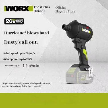 WORX WU093 Lithium Industrial Blower Cordless 20V 75,000RPM Lightweight 209m/s High Power Multi Nozzle Attachments