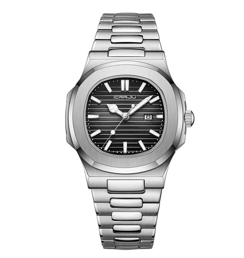 CRRJU Men's Quartz Watch Stainless Steel Band Waterproof Luminous Square Dial Business Casual Fashion Date Wristwatch