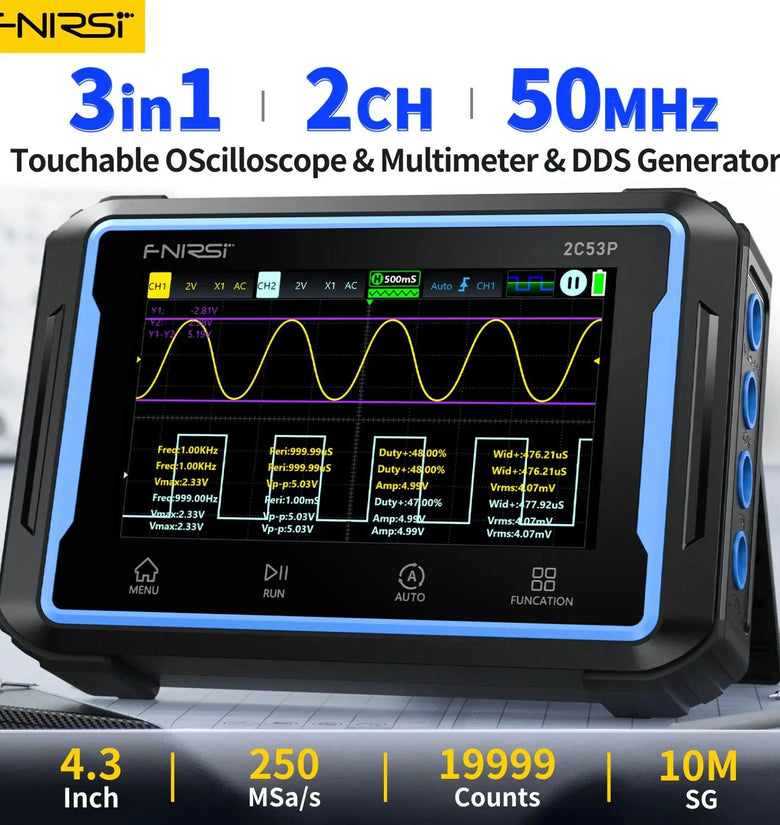 FNIRSI 2C53P Touch Screen 3in1 2CH 50MHz Oscilloscope 250Ms/S Signal Generator Portable Digital Oscilloscope Multimeter 19999 Counts