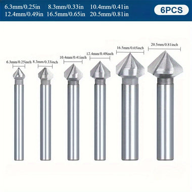 6pcs 90 Degree 3 Flute Chamfering End Mill Cutter Drill Bit HSS Chamfer Countersink Bits Set