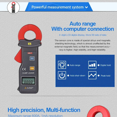 UNI-T UT251C Electric Leak Clamp Meter 600A High Precision Auto Range Amperometric Clamp Professional LCD Digital Ammeter RS-232 Interface Overload Protection