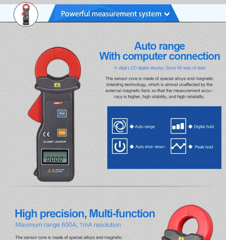 UNI-T UT251C Electric Leak Clamp Meter 600A High Precision Auto Range Amperometric Clamp Professional LCD Digital Ammeter RS-232 Interface Overload Protection