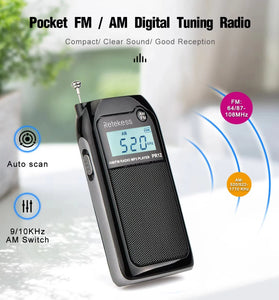 RETEKES PR12 Portable Radio FM AM Mini Pocket USB Radio MP3 Portable Receiver Backlit LCD Display Digital Power Bank Support TF Card for Elderly