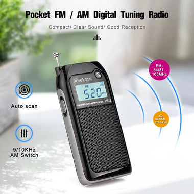 RETEKES PR12 Portable Radio FM AM Mini Pocket USB Radio MP3 Portable Receiver Backlit LCD Display Digital Power Bank Support TF Card for Elderly
