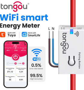 TONGOU Tuya Smart WiFi Energy Meter 1-50A Electric Sensor Real-Time Current Voltage Power Consumption Monitoring Home Assistant Control