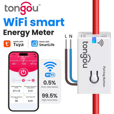 TONGOU Tuya Smart WiFi Energy Meter 1-50A Electric Sensor Real-Time Current Voltage Power Consumption Monitoring Home Assistant Control