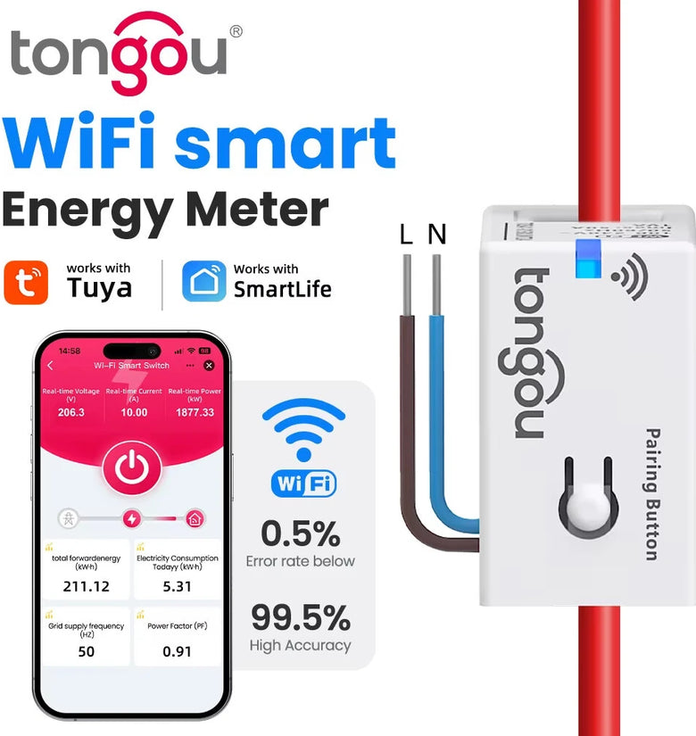 TONGOU Tuya Smart WiFi Energy Meter 1-50A Electric Sensor Real-Time Current Voltage Power Consumption Monitoring Home Assistant Control