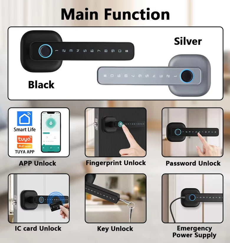 RAYKUBE M6 Tuya BLE Bedroom Digital Electronic Lock Fingerprint Door Lock with Password/Key/IC Card/ Smartlife/Tuya APP Unlock