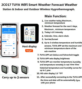 TUYA 2CO17 Smart Weather Station Wireless Indoor Outdoor Hygrothermograph 2.8inch Color Display WiFi Temperature Humidity Sensors TUYA App Integration