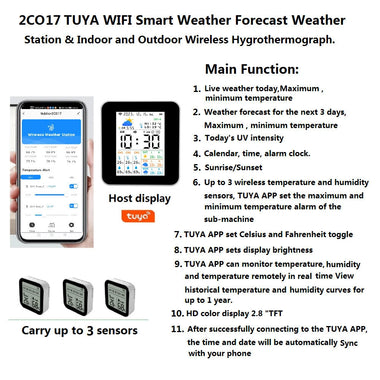TUYA 2CO17 Smart Weather Station Wireless Indoor Outdoor Hygrothermograph 2.8inch Color Display WiFi Temperature Humidity Sensors TUYA App Integration
