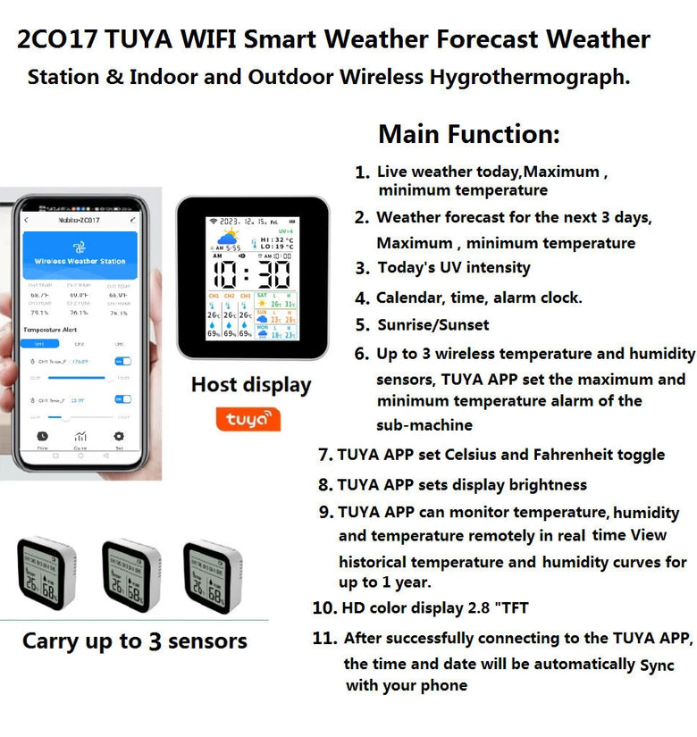 TUYA 2CO17 Smart Weather Station Wireless Indoor Outdoor Hygrothermograph 2.8inch Color Display WiFi Temperature Humidity Sensors TUYA App Integration