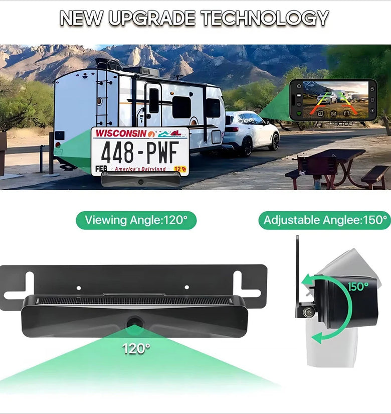 Wireless Solar 5G WiFi HD 1080P Rear/Front License Camera with Built-in 4800mAh Battery Solar Powered Wifi Wireless Car Backup Camera for Car Van RVs