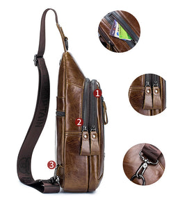 BULLCAPTAIN Men Genuine Leather Chest Bag Multi-pockets Compartment Fashion Casual Shoulder Backpack for Travel