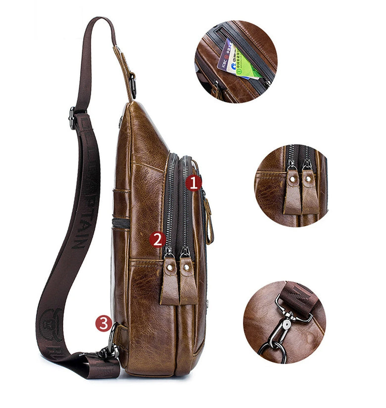 BULLCAPTAIN Men Genuine Leather Chest Bag Multi-pockets Compartment Fashion Casual Shoulder Backpack for Travel