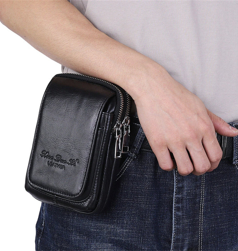 Men's Genuine Leather Zipper Waist Pack Phone Storage Waist Bag Belt Hanging Key & Card Storage Bag