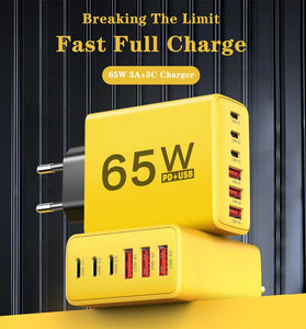 65W 6-Port USB PD Charger 3USB-A+3USB-C PD QC Fast Charging Wall Charger Adapter EU Plug US Plug for iPhone 16 16 Pro 15 14 13 Pro Max for Xiaomi 15pro for Huawei Mate XT for Oppo Reno 13