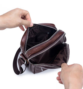 BULLCAPTAI Genuine Leather Men's Shoulder Bag Cowhide Messenger Bags Fashion Male Causal Small Double Zipper Crossbody Bag Short-distance Compact Mini Travel Bag