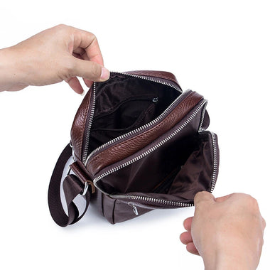 BULLCAPTAI Genuine Leather Men's Shoulder Bag Cowhide Messenger Bags Fashion Male Causal Small Double Zipper Crossbody Bag Short-distance Compact Mini Travel Bag
