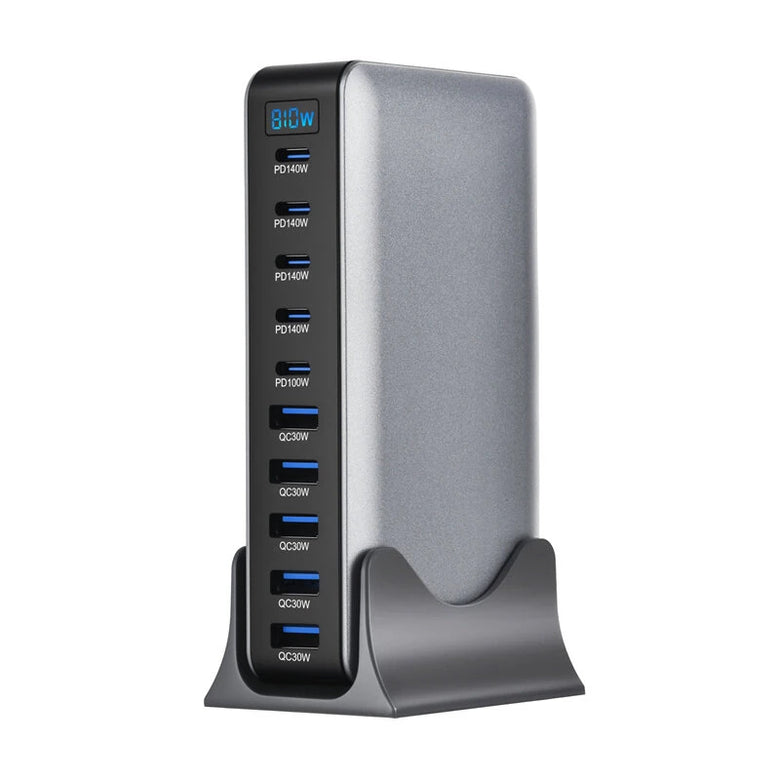 [GaN Tech] YMX-810W 810W 10-Port USB PD Charger with Digital Display 5USB-A+5USB-C PD QC Fast Charging Desktop Charging Station EU Plug for iPhone 17 17Pro 16 Pro Max 15 14 for Samsung Galaxy W26 for Xiaomi 17pro for OPPO
