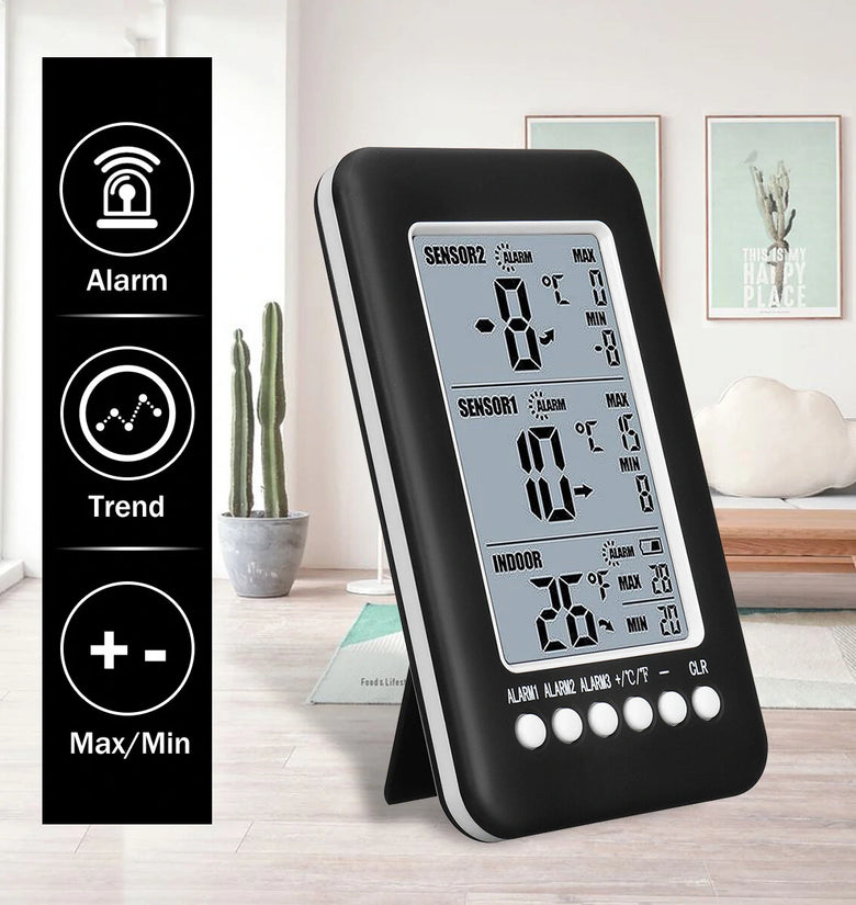 Digital Indoor Outdoor Thermometer Dual Sensor LCD Display with Trend Indicators Max Min Temperature Alerts 433 Mhz 10-second Update Rate Wall Mount or Table