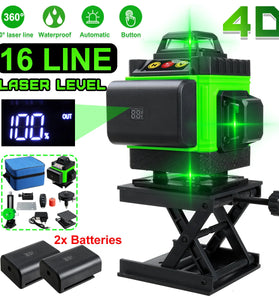16 Lines 4D Laser Level, Green Laser Line, Self Leveling, Horizontal Lines &360 Degree Vertical Cross with 1/2 Battery for Outdoor