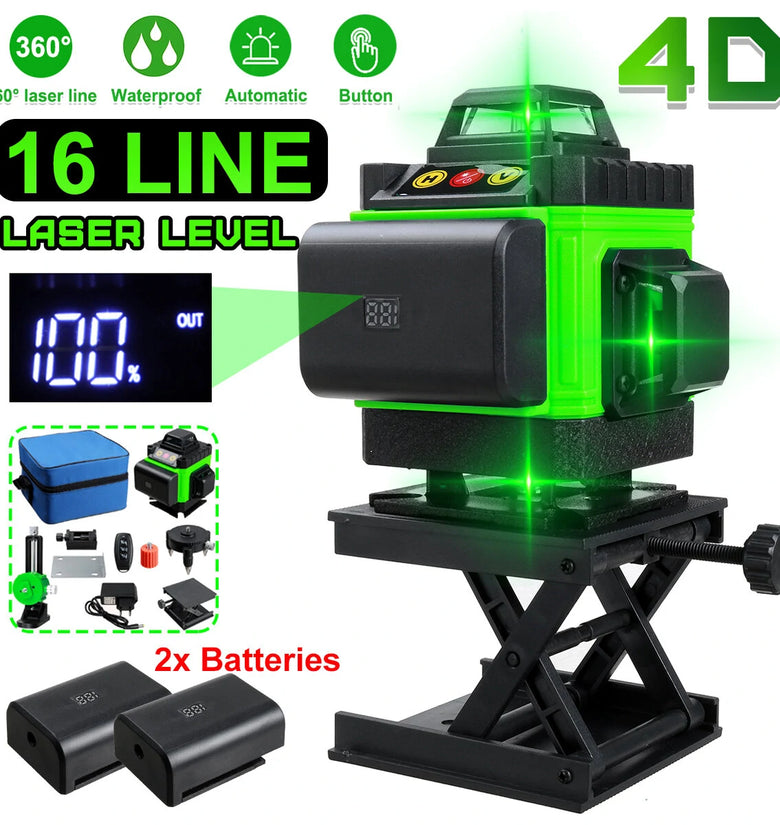 16 Lines 4D Laser Level, Green Laser Line, Self Leveling, Horizontal Lines &360 Degree Vertical Cross with 1/2 Battery for Outdoor