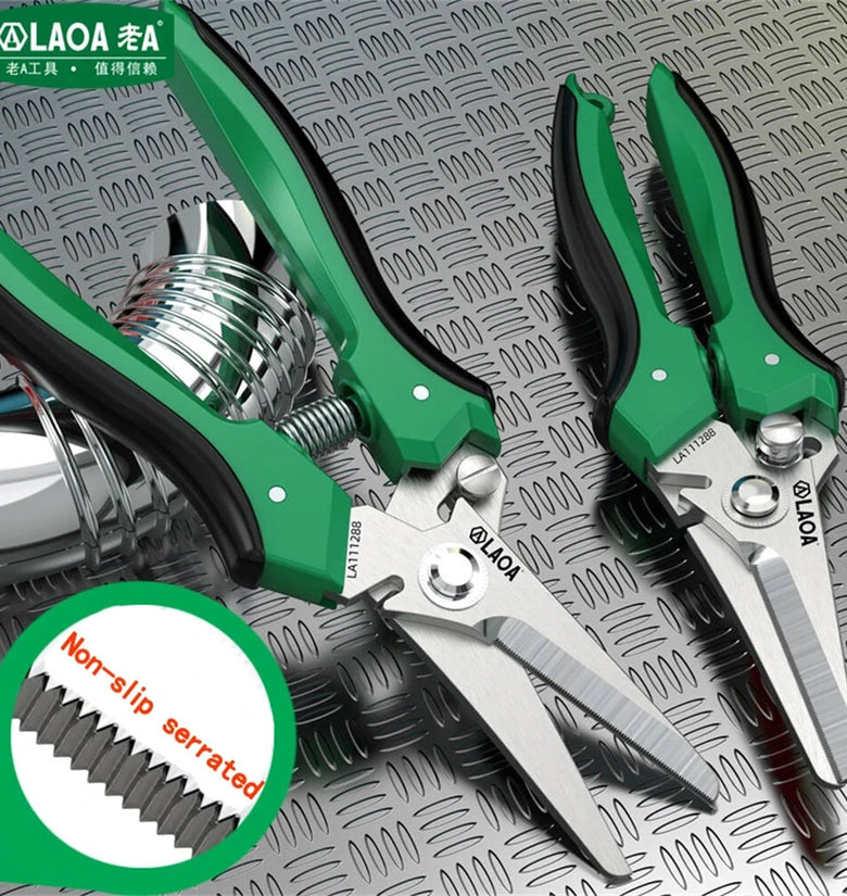 Multifunctional Serrated Stainless Steel Electrician's Scissors 200mm ABS Handles Labor-Saving Spring Versatile Cutting for Fabric and Cables