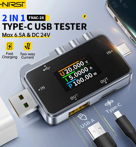 FNIRSI FNAC-28 USB Tester Voltage Current Power Meter 4-24V 6.5A Color Screen Protocol Detection Adjustable Brightness for Fast Charging Compatibility
