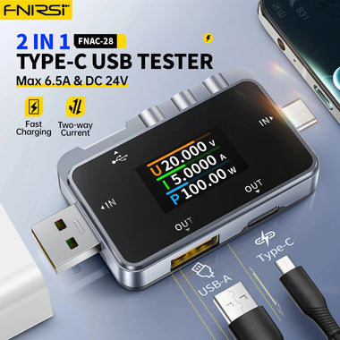 FNIRSI FNAC-28 USB Tester Voltage Current Power Meter 4-24V 6.5A Color Screen Protocol Detection Adjustable Brightness for Fast Charging Compatibility