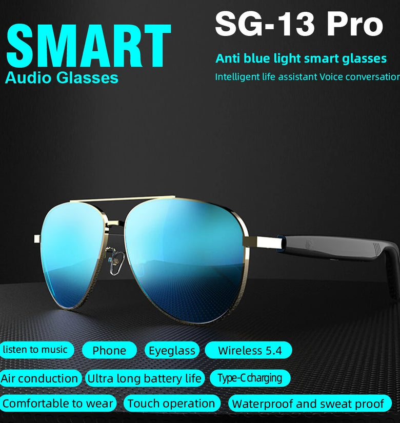 SG-13 Pro Smart Audio Glasses Air Conduction Technology Glasses with Voice Assistant Touch Control UV Protection 360 Surround Sound Hands Free Call Smart Sunglasses